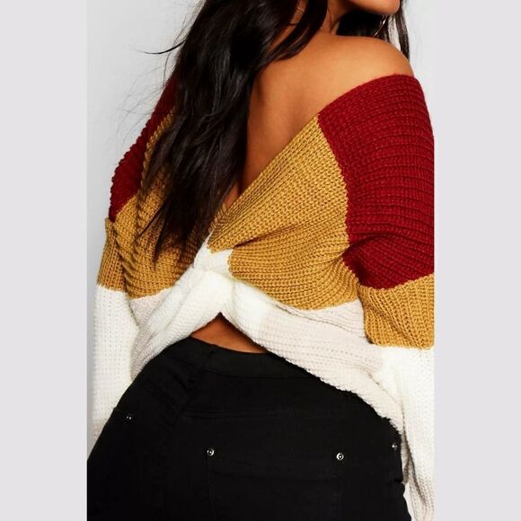 Boohoo Red Plus Stripe Knot Back Sweater - Picture 3 of 9